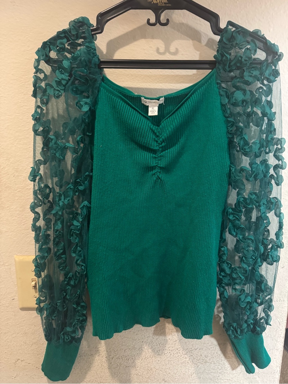 Cato Teal Green Knit Top with Ruffled Mesh Sleeves
